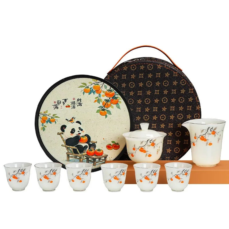 Persimmon porcelain Gongfu travel tea set with gaiwan, pitcher, six cups and round tray – photo 4