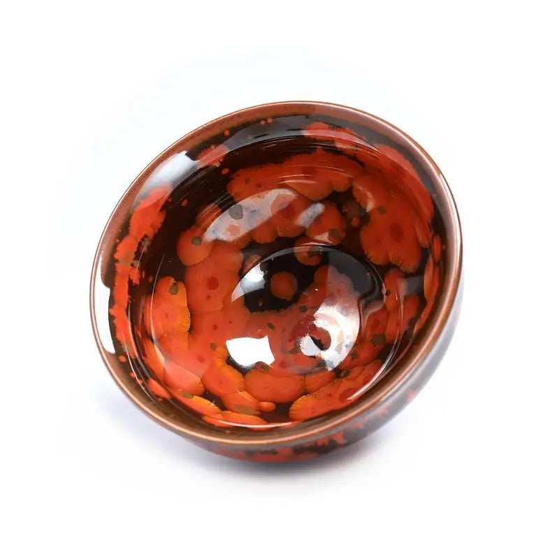 Red and brown speckled ceramic bowl from Phoenix Jian Zhan volcanic glaze teacup collection