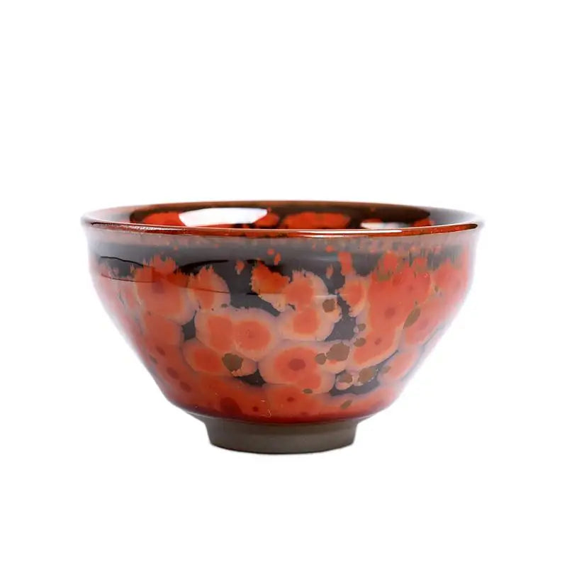 Red and black speckled ceramic bowl from Phoenix Jian Zhan volcanic glaze teacup collection