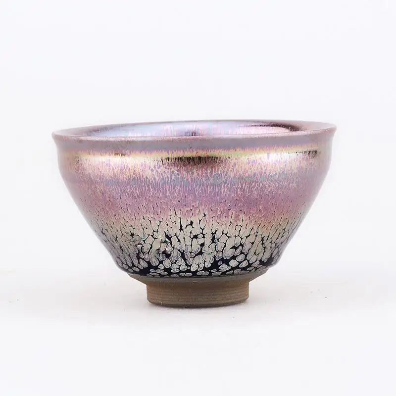 Pink ceramic bowl with lustrous tenmoku ware crystalline glaze for gongfu tea brewing