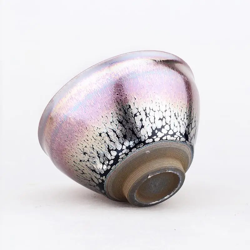Iridescent patterned ceramic bowl with crystalline glaze, ideal for Gongfu tea and Tenmoku ware