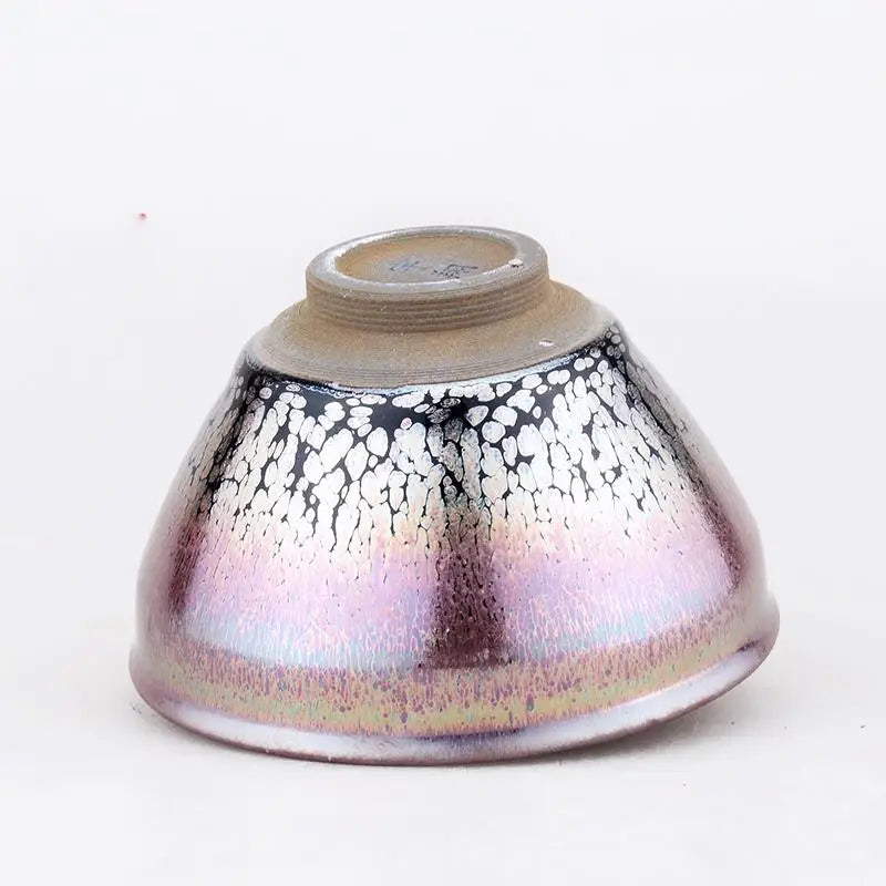 Iridescent textured ceramic bowl with crystalline glaze perfect for Gongfu tea and Tenmoku ware