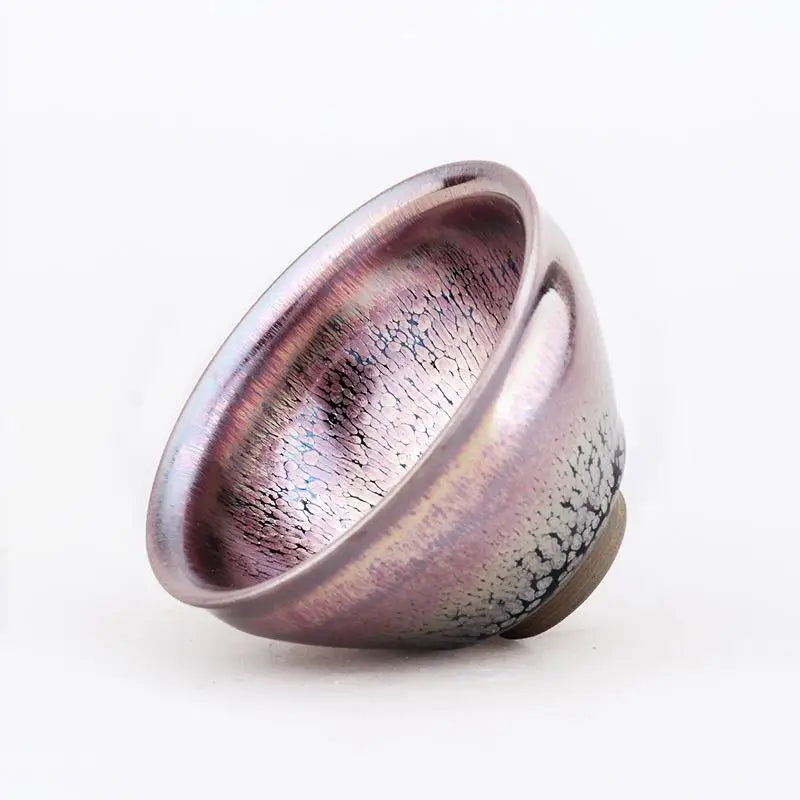 Iridescent cracked ceramic bowl with crystalline glaze, perfect for Gongfu tea and Tenmoku ware