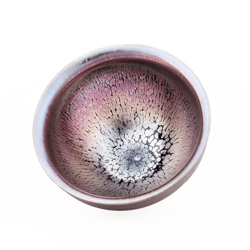 Iridescent ceramic teacup in Pink with crystalline glaze, perfect for Gongfu tea display