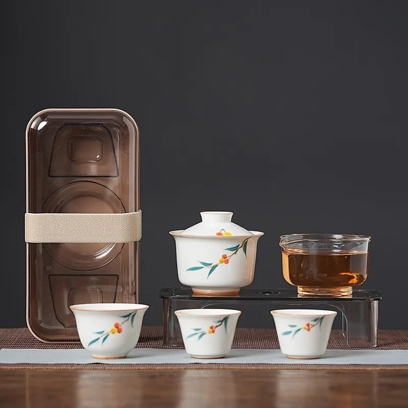 Plant-ash glaze gaiwan travel tea set with glass pitcher, cups and clear-lid box – photo 1