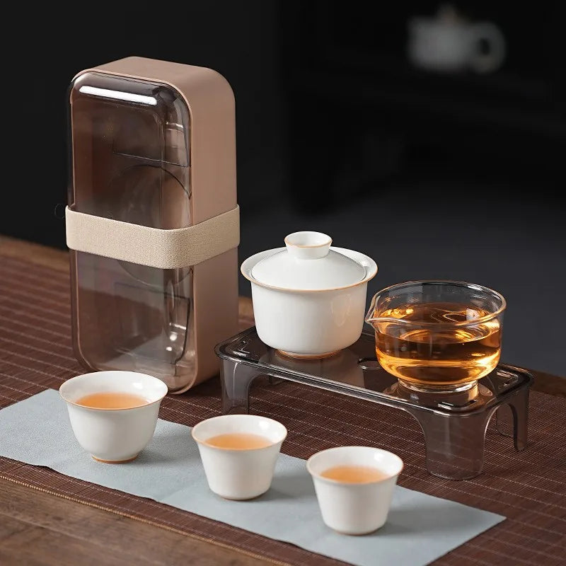 Plain plant-ash glaze gaiwan travel tea set with glass pitcher and storage box – photo 1