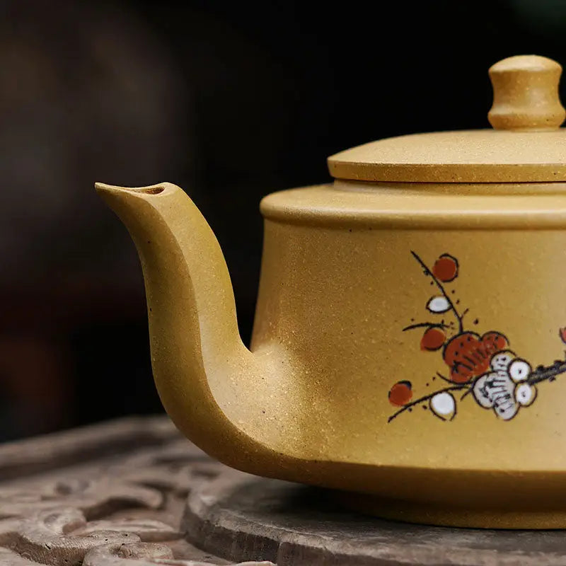 Yellow ceramic teapot with floral design from the Plum Flower tea set, perfect for teapots and mugs