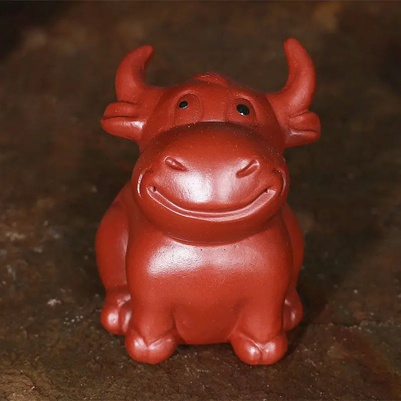 Red smiling bull figurine Prosperhorn tea pet guide yixing zisha feng shui earth element
