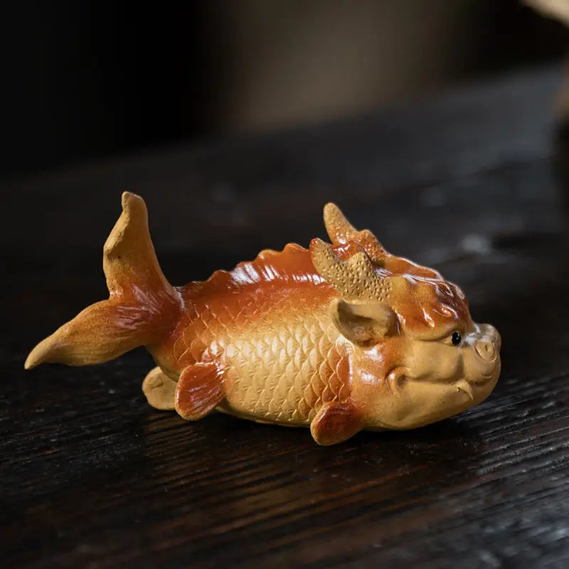 Ceramic fish-dragon figurine Prosperity Fish as a feng shui good fortune love symbol fish tea pet