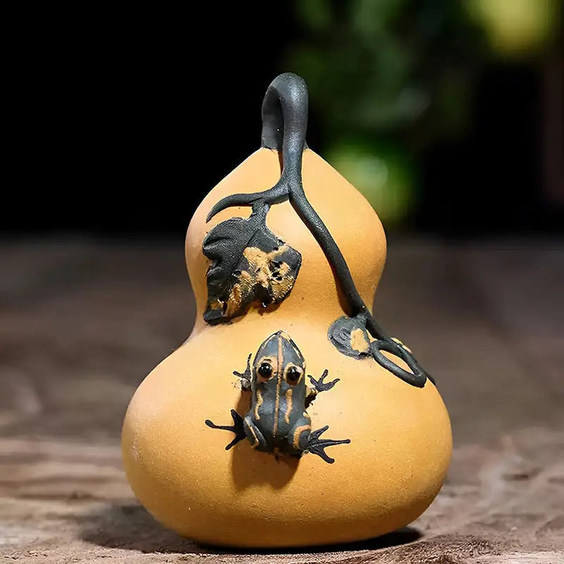 Prosperity Gourd tea pet made of Yixing clay with frog and vine details