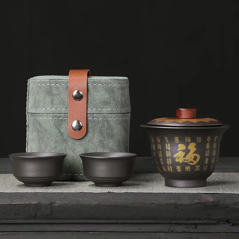 Purple clay gaiwan travel tea set with gold-traced characters, two cups and gift box – photo 2