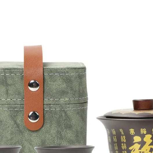 Purple clay gaiwan travel tea set with gold-traced characters, two cups and gift box – photo 4