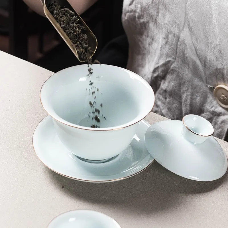Plain qingbai jade porcelain gaiwan with lid and saucer – photo 9