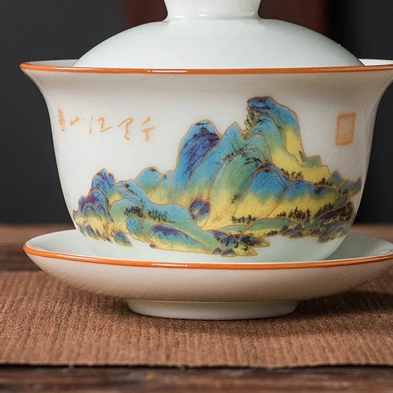 Qingbai Painted Gaiwan – Thousand-Li Landscape