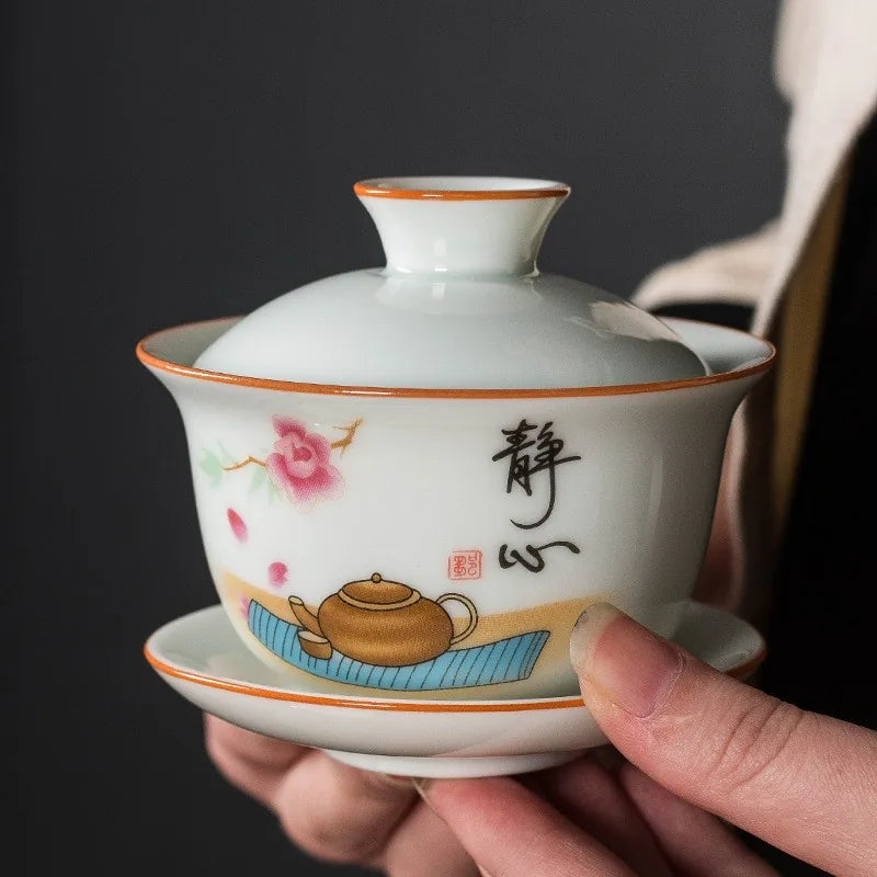 Qingbai porcelain gaiwan with painted design and orange rim – photo 1