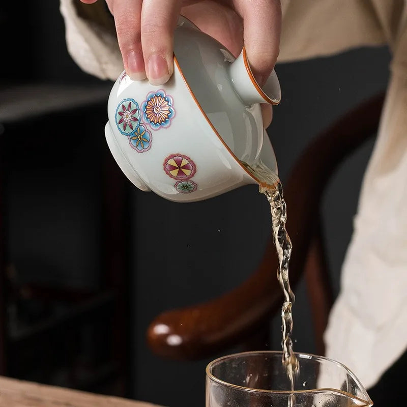 Qingbai porcelain gaiwan with painted design and orange rim – photo 2