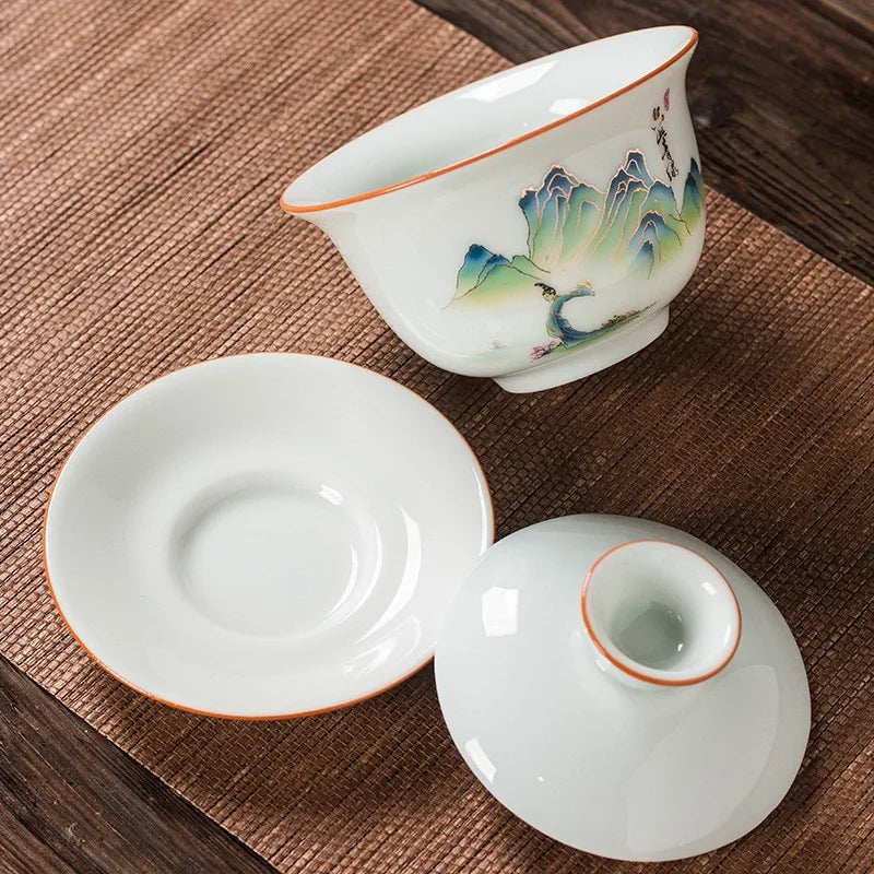 Qingbai porcelain gaiwan with painted design and orange rim – photo 3