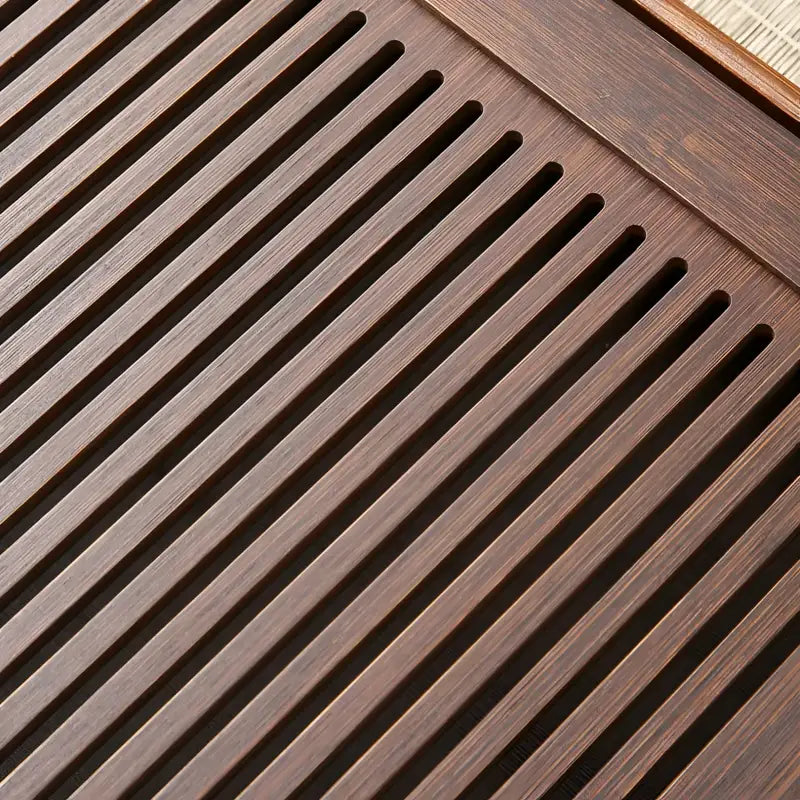 Dark brown slatted wooden tea tray from Quiet Stream bamboo tea tray collection