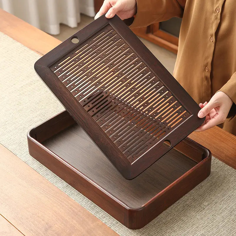 Dark brown wooden Quiet Stream bamboo tea tray with removable slatted top