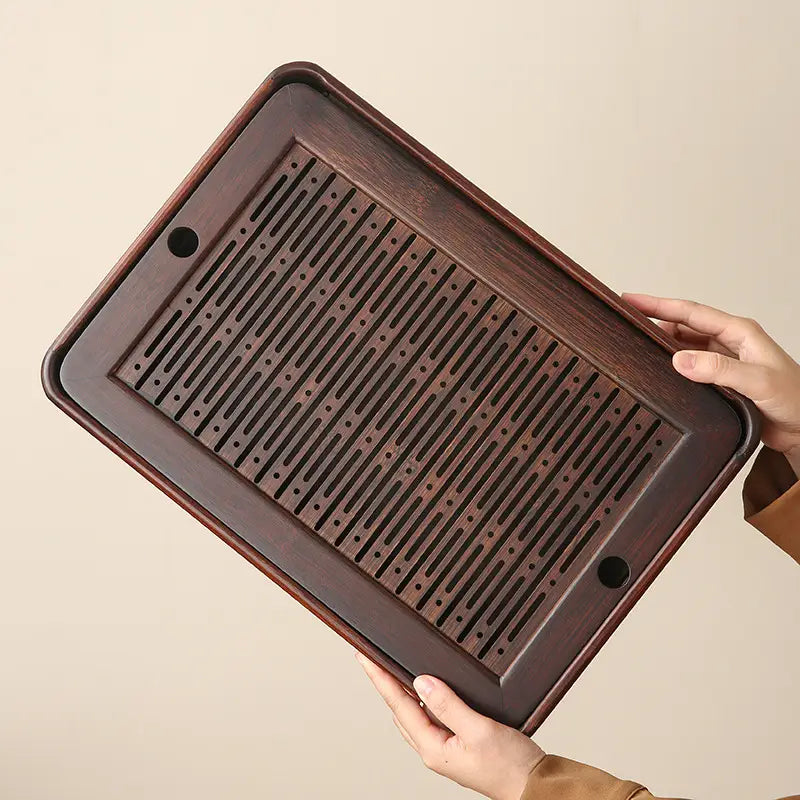Quiet Stream bamboo tea tray with drainage slots, minimalist dark wood design