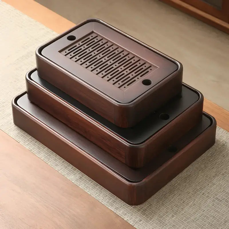 Quiet Stream bamboo tea tray with stacked dark wooden trays for minimalist tea ceremonies