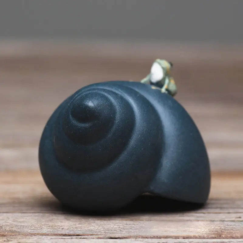 Raincaller frog on dark coiled shell tea pet, ideal for Yixing clay teapot decor