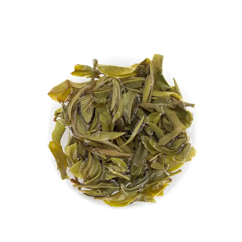 Pile of green tea leaves for Xiaoxiangshui Raw Pu-Erh from Ice Island region