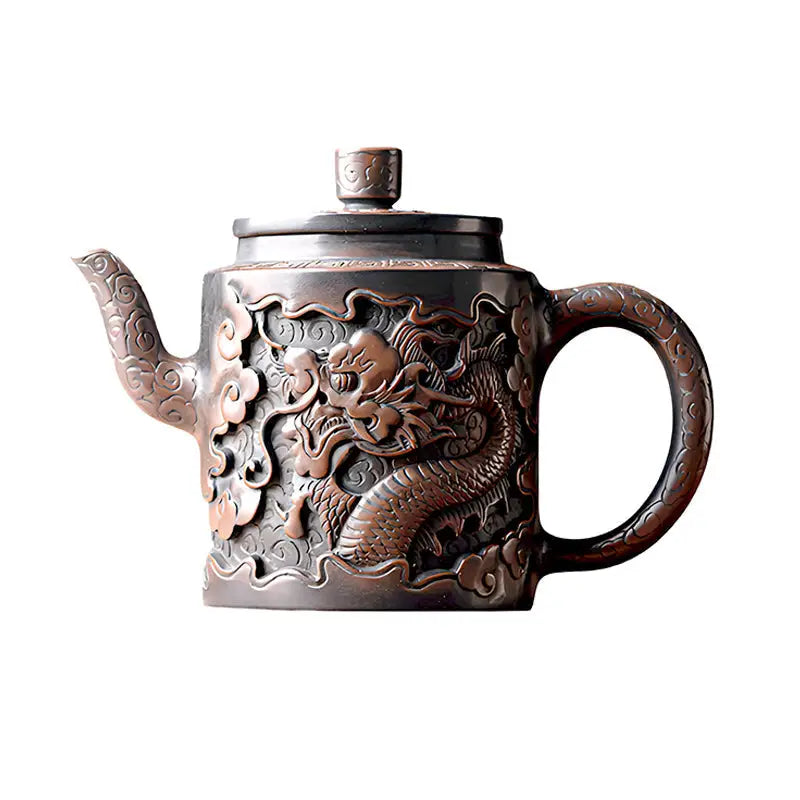 Ornate bronze relief dragon teapot made from Jianshui Zitao clay perfect as a dragon teapot