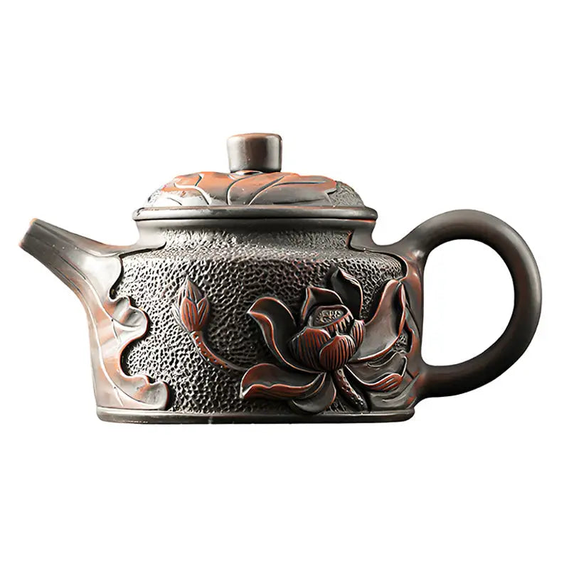 Brown ceramic Relief Lotus teapot with lotus flower design in Jianshui Zitao black clay