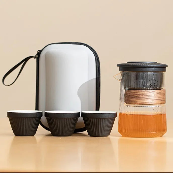 Ribbed Glass Kuaike Travel Tea Set – Zen Black / 3 Cups