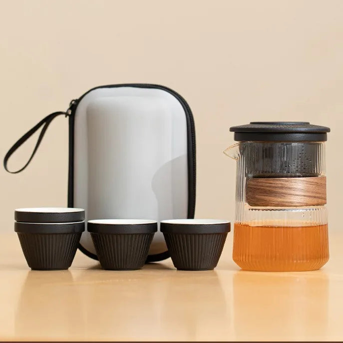 Ribbed Glass Kuaike Travel Tea Set – Zen Black / 4 Cups