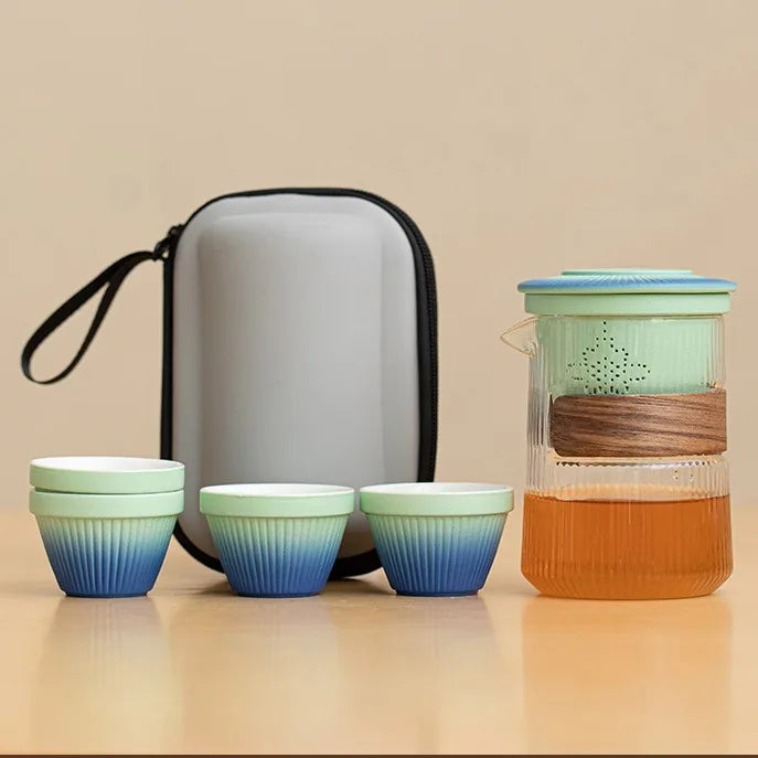 Ribbed Glass Kuaike Travel Tea Set – Green-Blue Gradient / 4 Cups