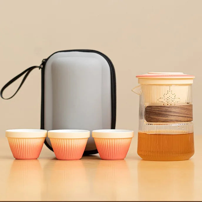 Ribbed Glass Kuaike Travel Tea Set – Romantic Pink / 3 Cups