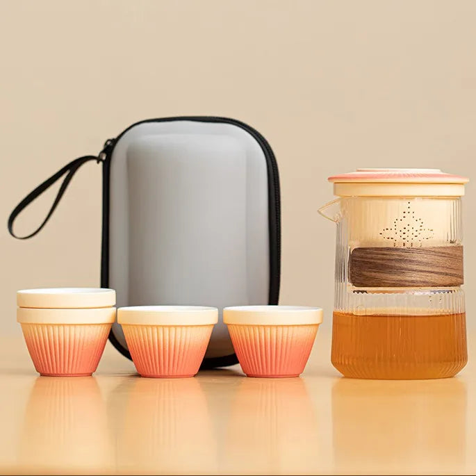Ribbed Glass Kuaike Travel Tea Set – Romantic Pink / 4 Cups