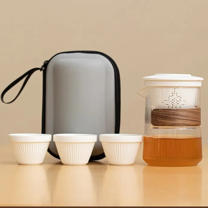 Ribbed Glass Kuaike Travel Tea Set – Plain White / 3 Cups