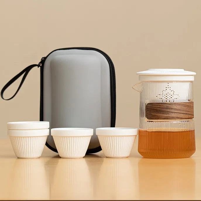Ribbed Glass Kuaike Travel Tea Set – Plain White / 4 Cups
