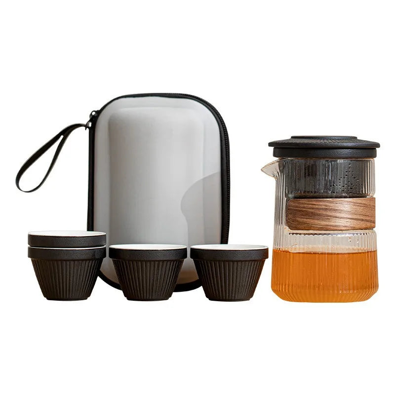 Ribbed glass kuaike travel tea set with infuser, porcelain cups and padded case – photo 5