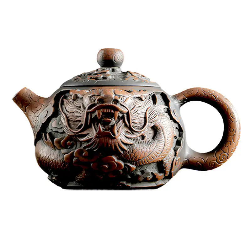 Ornate Roaring Dragon jianshui purple zitao teapot with hand-carved dragon detail