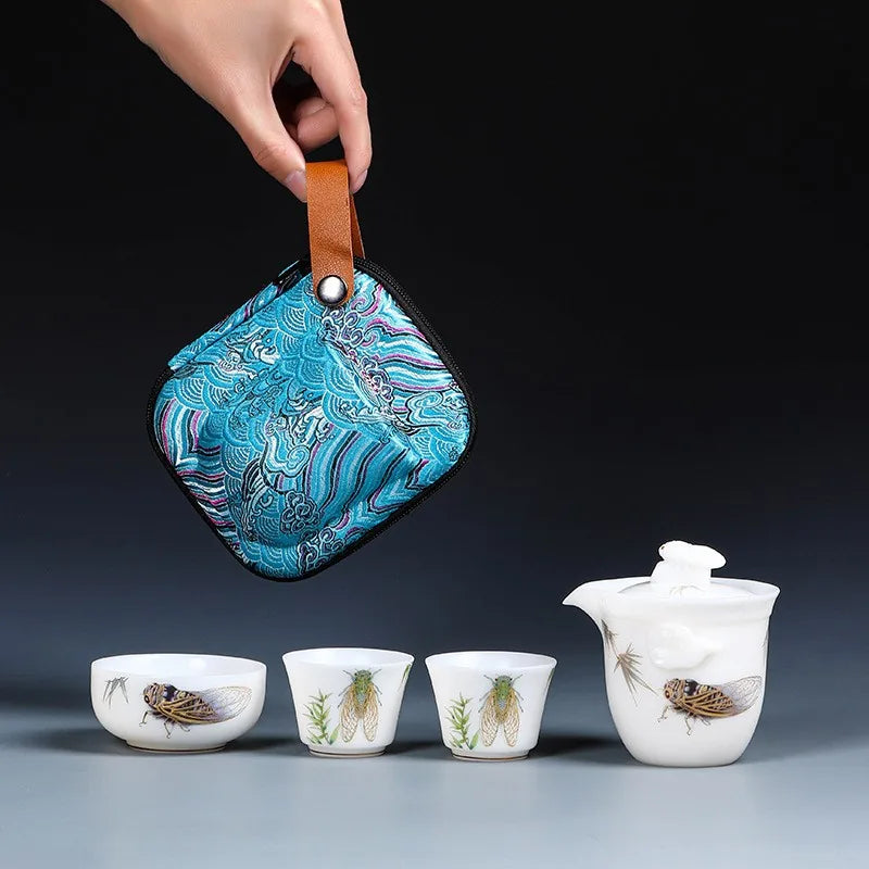 White ice-jade porcelain travel tea set with rooster hand-grip teapot, cups and case – photo 2