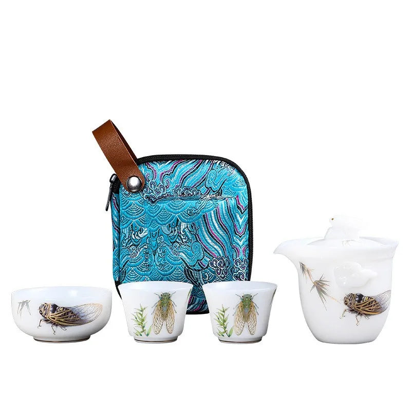 White ice-jade porcelain travel tea set with rooster hand-grip teapot, cups and case – photo 5