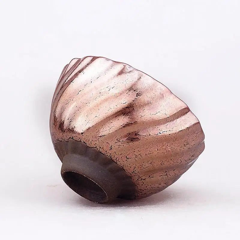 Brown and tan striped ceramic bowl with tenmoku glaze in Rose Gold Zhan Tea Cup design