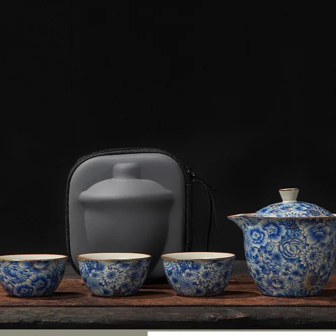 Ru Glaze Floral Kuaike Travel Tea Set – Blue Floral