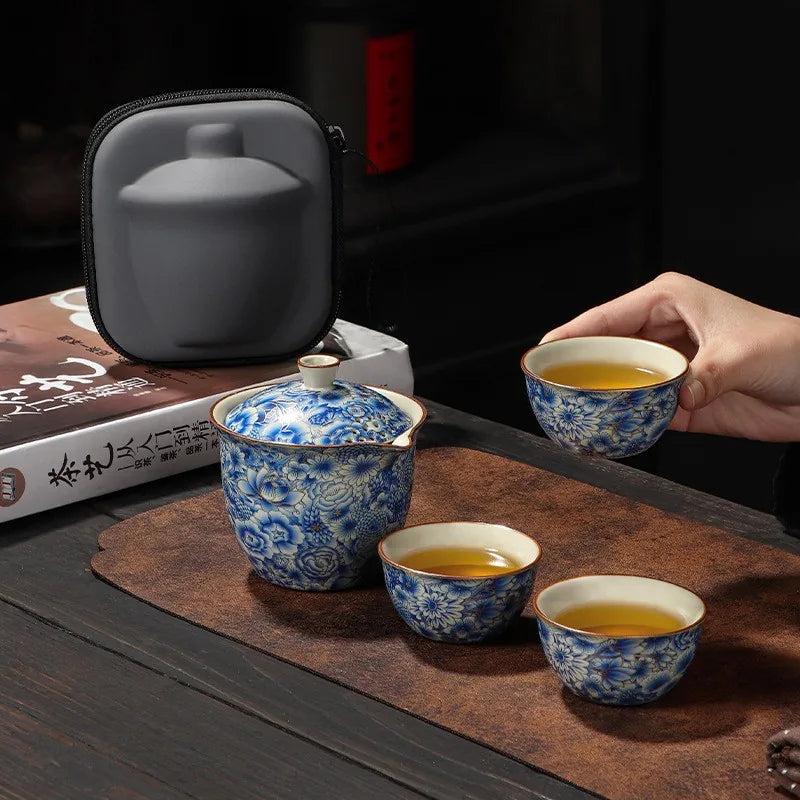 Ru glaze blue floral kuaike travel tea set with three cups and zip case – photo 1