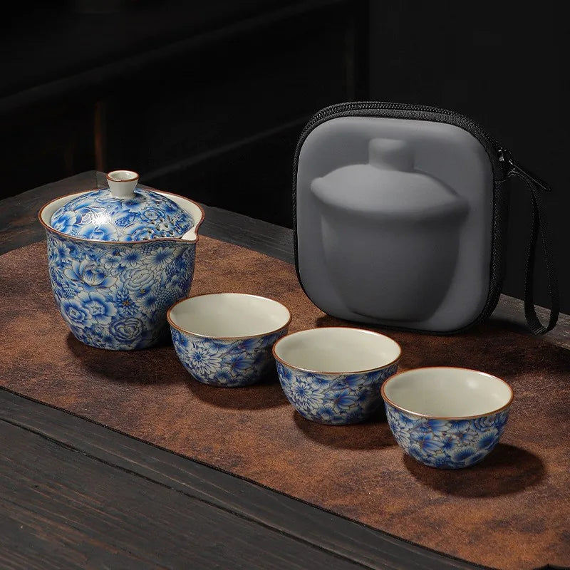 Ru glaze blue floral kuaike travel tea set with three cups and zip case – photo 2