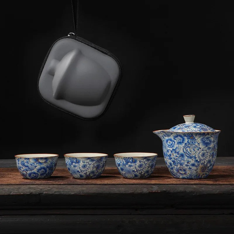Ru glaze blue floral kuaike travel tea set with three cups and zip case – photo 3