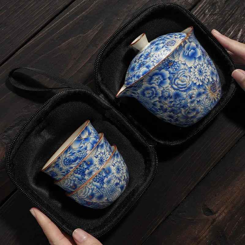 Ru glaze blue floral kuaike travel tea set with three cups and zip case – photo 4