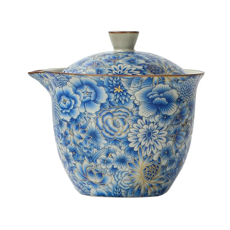 Ru glaze blue floral kuaike travel tea set with three cups and zip case – photo 5