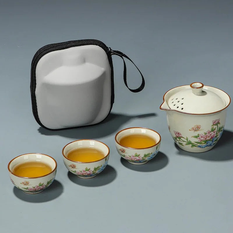 Ru glaze peony travel tea set with filter teapot, three cups and zip case – photo 1