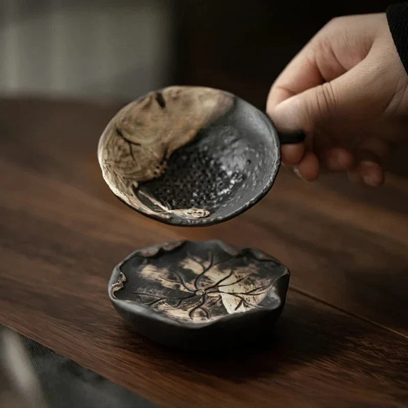 Rustic Stoneware Leaf Tea Strainer Ceramic Tea Strainer detail view