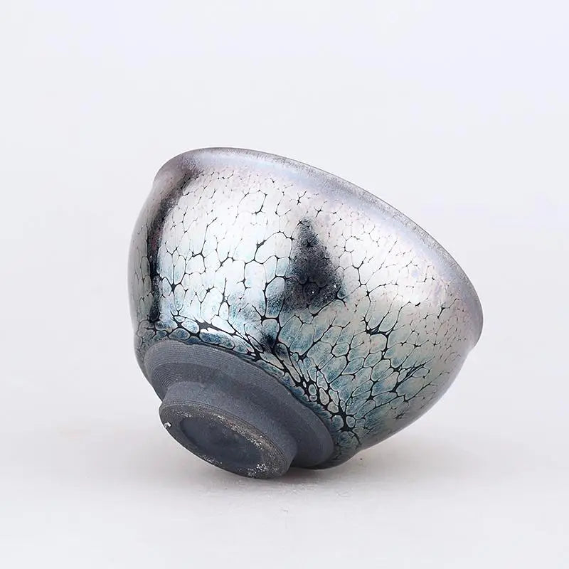 Cracked silver and black ceramic bowl from Jian Zhan Gongfu Tea with crackled glaze